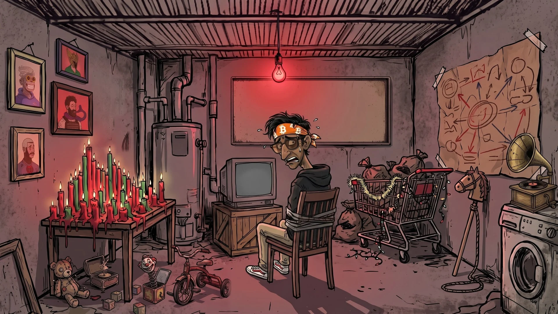 A red-lit basement laundry room: a candle altar, six framed portraits, Frank taped to a chair in front of a TV, a shopping cart of sacks, a gramophone on the washing machine