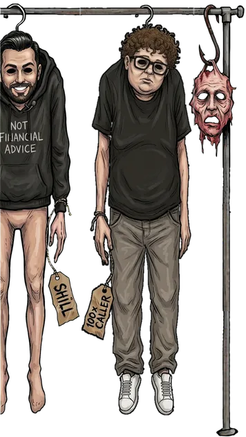 Two limp human disguise suits on a clothes rack, one in a NOT FINANCIAL ADVICE hoodie tagged SHILL, one of a curly-haired guy in glasses tagged 100x CALLER, and a flayed face on a meat hook