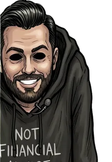 The streamer: a man with slicked hair, a beard and a huge white grin. His eyes are empty holes.
