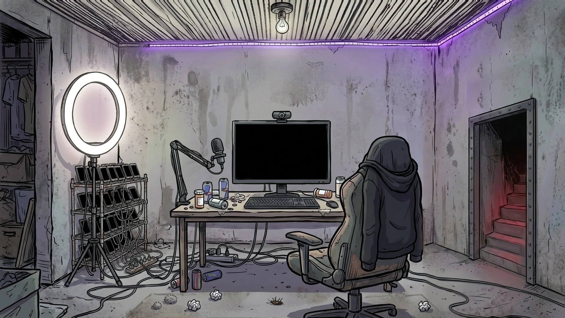 A grimy basement storage room turned into a stream studio: a ring light, a slogan painted on the bare concrete wall, a desk with a monitor and a boom mic, a gaming chair with a hoodie on it, and a shelf of rubber look-alike masks on foam heads